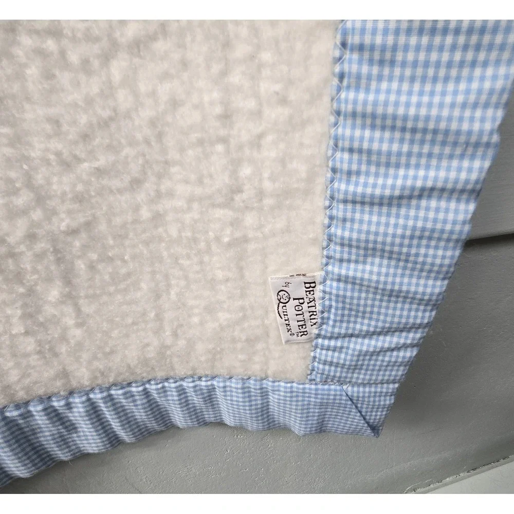 Quiltex Vtg Peter Rabbit Beatrix Blue Applica Throw Blanket Blue‎ Gingham Edge